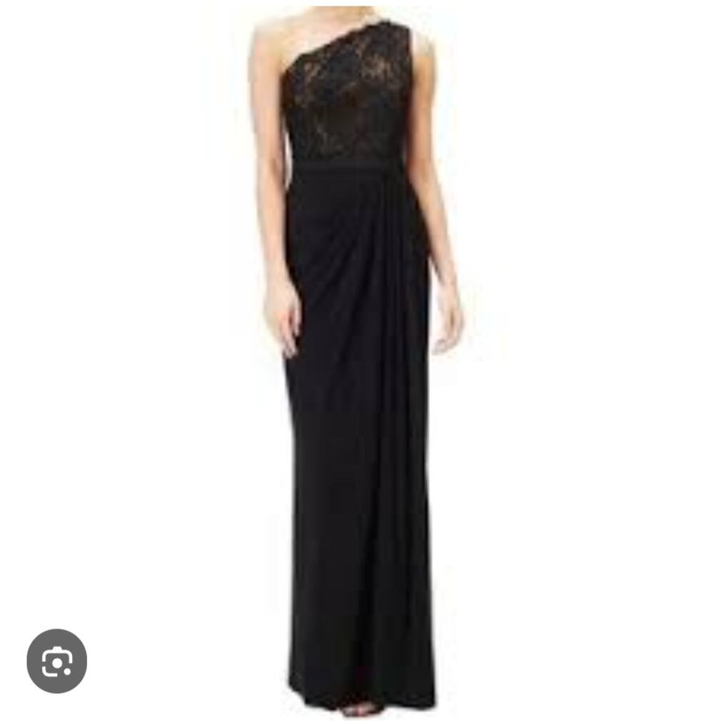 Adrianna Papell Dress Gown One Shoulder Lace Draped Dark Romantic Black Size 10
